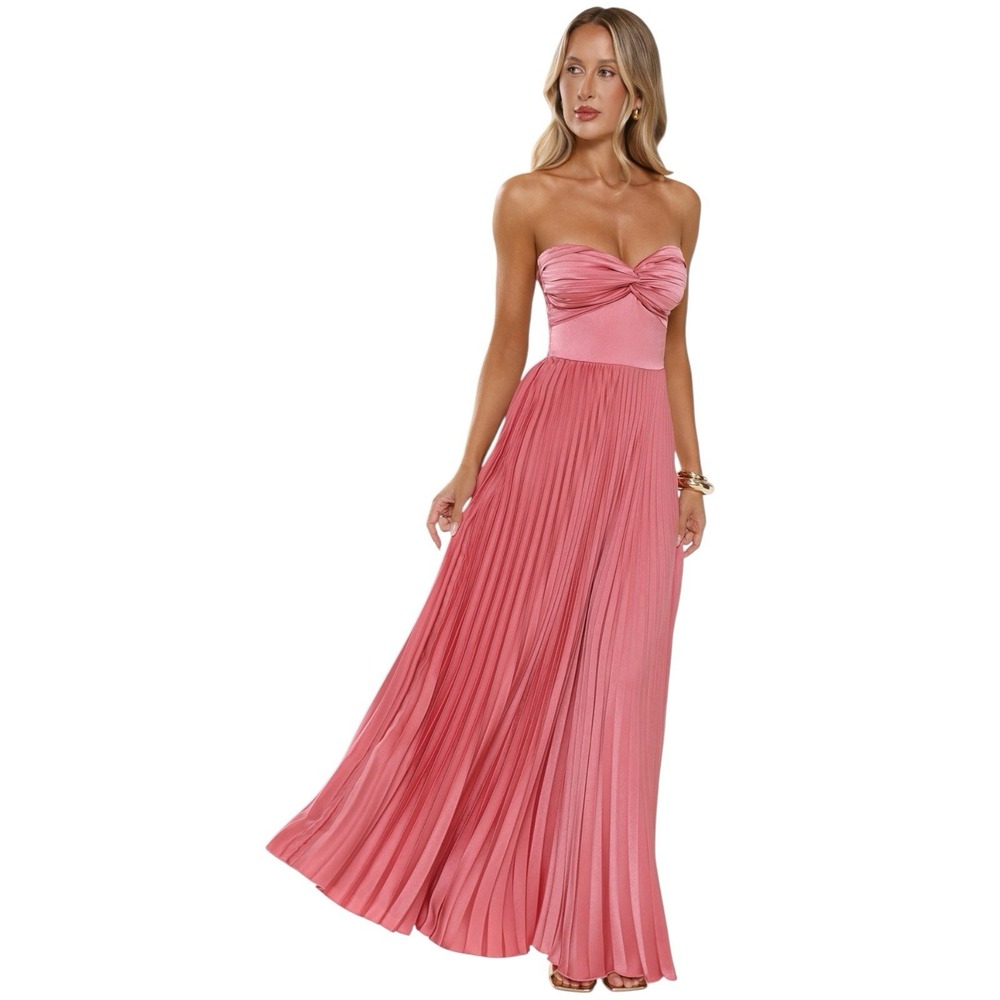 Hello Molly Sassy Sunshine Satin Pleated Strapless Maxi Dress Rose Pink NWT M
